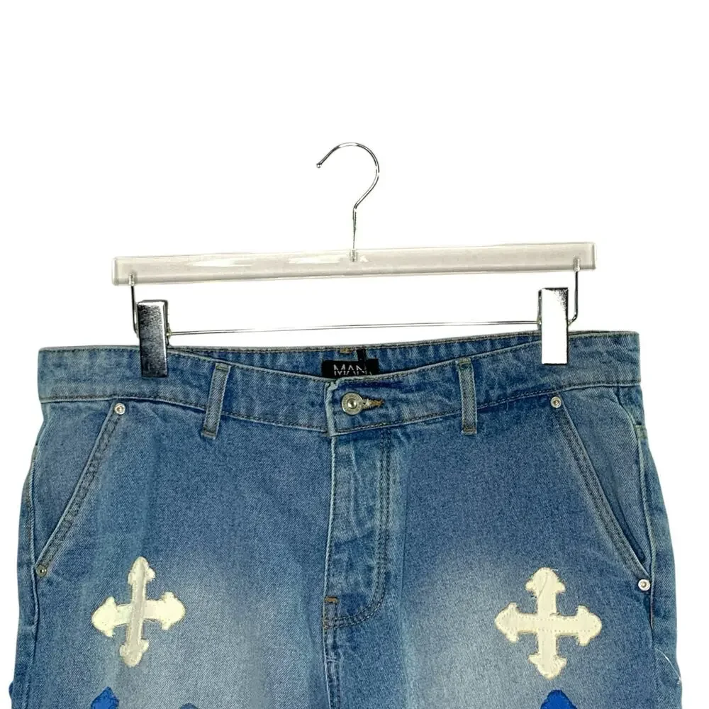 BoohooMan 36 NEW Slim Rigid Applique Jean Shorts In Light Blue Streetwear